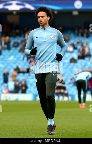 Von Manchester City Leroy Sane in der Aufwärmphase vor dem UEFA Champions League, Viertelfinale am Etihad Stadium, Manchester. Stockfoto