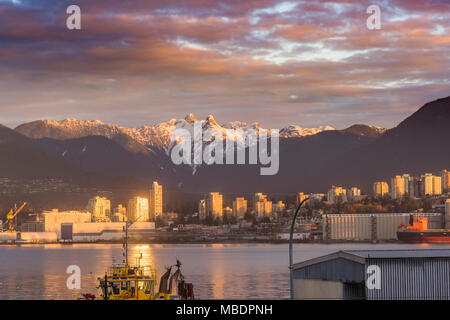 Erstes Licht auf der Lions Gipfeln, die North Shore Mountains, Vancouver, British Columbia, Kanada. Stockfoto