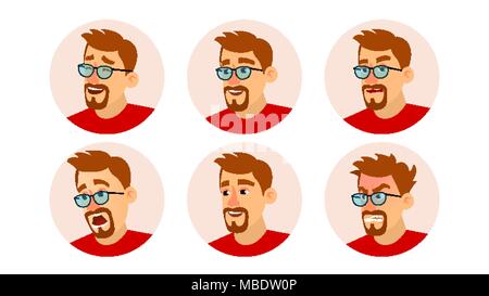 Bärtiger Mann Avatar Vektor. Charakter Geschäftsleute Avatar. Gesicht Emotionen gesetzt. Cartoon, Comic Art Illustration Stock Vektor