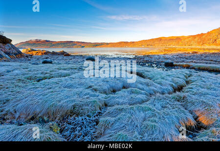 Eine sonnige, Herbst Blick auf Loch Sunart in den schottischen Highlands, als die ersten Anzeichen des Winters erscheinen. Stockfoto