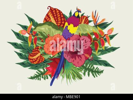 Sommer tropische Design für Banner oder Flyer mit exotischen Palmen, Hibiskus Blumen und Parrot Stock Vektor