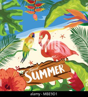 Hallo Sommer Beach Party. tropische Dschungel, Regenwald, Pflanzen, Blumen, Vögel, Flamingo, toucan Grenze Hintergrund Stock Vektor