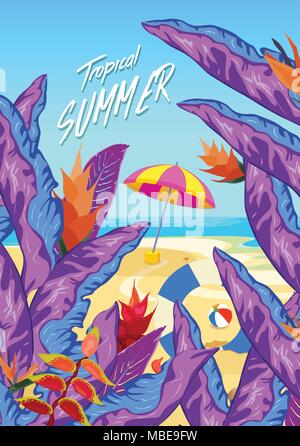 Sommer tropische Hintergründe mit Palmen, Himmel und Sonnenuntergang. Sommer Plakat Plakat Flyer Einladung Karte. Sommerzeit Stock Vektor