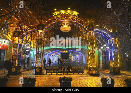 Haupteingang von Harbin Central Street (Zhong Yang Da Jie) bei Nacht Stockfoto