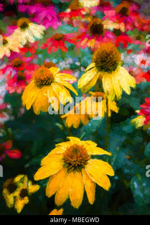 Gelbe Blütenblätter Blumen im bunten Garten Stockfoto