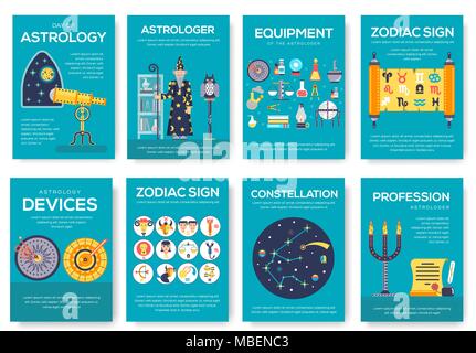 Astrologie Haus Broschüre Karten gesetzt. Horoskop Vorlage von flyear, Zeitschrift, Plakat, Buch, das Banner. Wissenschaft Personen mit Ausrüstung Einladung Konzept Hintergrund. Layout Wissenschaftler moderne Seite Stock Vektor