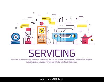 Auto service Landschaft Konzept. Dünne Linie Symbole mit flachen Hintergrund Design. Arbeitnehmer Mechaniker ein Auto in der Garage reparieren. Fahrzeug mit Werkstatt Werkzeuge Stock Vektor