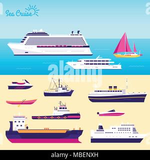 Satz flacher Yacht, Scooter, Boot, Schiff, Dampfer, Fähre, Schiff, Schlepper, bulk carrier, Schiff, Boot, Kreuzfahrt Schiff mit blauen Meer Hintergrund Konzept. Vektor Design Stock Vektor