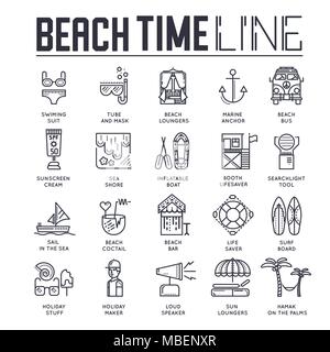 Seabeach mit Elementen, die für Aktivitäten im Sommer vektor Entwurfskonzept. Verschiedene Ausrüstungen für Aktivitäten im Sommer am Meer. dünne Linie Abbildung. Banner mit der Typografie Slogan text Design. Stock Vektor
