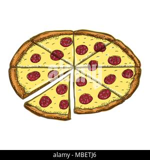 Vector vintage pizza Zeichnung. Hand gezeichnet Farbe fast food Abbildung. Stock Vektor