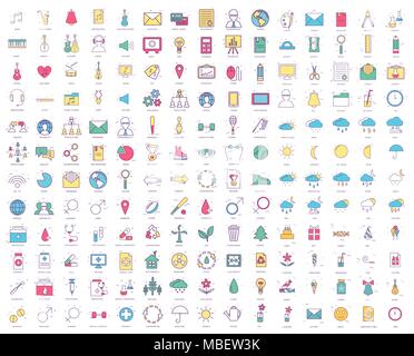 Dünne Linie von: Business, Musik, Büro, Wetter, soziale, Eco neture, digital Gadget, medizinische, Happy Birthday, Sport eingestellt. Flache vektor Kontur Illustrationen Vorlage Konzept für infografik Design Stock Vektor