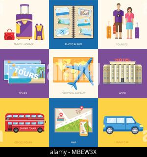 Reiseführer Infografik mit Urlaub tour Orte und Gegenstände. Tourismus mit schnellen Reisen der Welt auf einer flachen Design Style. Vector Illustration Konzept Symbole gesetzt Stock Vektor