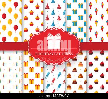 Sammlung von Happy birthday nahtlose Muster. Ballon, Kuchen, Geschenke, Dekoration, Eis, Feuerwerk mit Label logo Konzept. Vektor abstrakte Vorlage für die Grußkarte oder Einladung design Stock Vektor