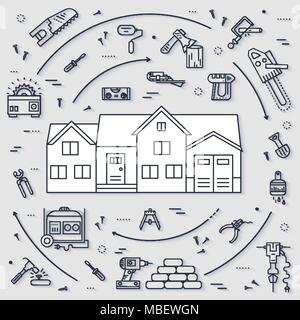Sammlung von Tools Symbole reihen Design. Bau Instrumente mit beliebigen Elementen. Diy, Gebäude, Arbeit skizzieren Illustrationen vector Hintergrund. Prozessabbild auf thin line style Konzept Stock Vektor