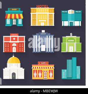 Flache bunte Vektor sity Gebäuden. Das Symbol Hintergrund Konzept Design. Orlage für Website und mobiles Gerät Stock Vektor