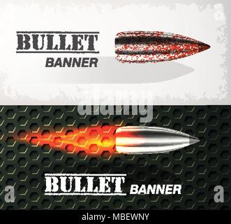 Banner der Flying bullet ob militärischen Hintergrund Konzept. Gefahr Vector Illustration Design Stock Vektor