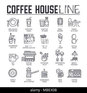 Unterschiedliche Linien gezeichnete Symbole zu essen und Kaffee Haus gewidmet. Layout moderne vector Hintergrund Illustration Design Konzept Stock Vektor