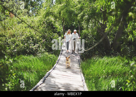 Active Senior Paar und Hund Kreuzung Steg unter grünen Bäumen, Stockfoto