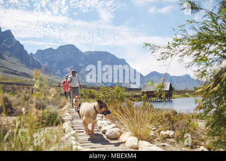 Wanderer und Hunde auf Fußweg entlang sonniger Sommer See Stockfoto