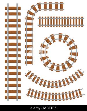 Der Vektor Eisenbahn- und Eisenbahnstrecken Bau elemente. Gerade und gebogene Eisenbahnschiene. Trackway Struktur für Verkehr trainieren. Vektor illu Stock Vektor
