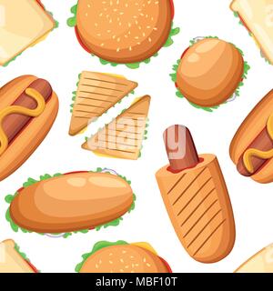 Nahtlose Muster von verschiedenen Sandwiches, Hot Dogs und Burger. Cartoon Design. Vector Illustration auf weißem Hintergrund. Web site Seite und Mobile Stock Vektor