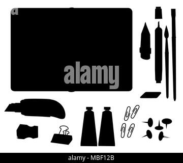 Schwarze Silhouette. Wenn Schreibwaren mit dem Notepad. Cutter, Bleistift, Pinsel, Klebstoff, Radiergummi, Marker, Spitzer, Tasten und Büroklammern Vektor illustratio Stock Vektor