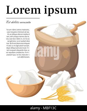 Sack Mehl. Schaufel und Weizen. Cartoon Design. Kochen Konzept für eine Bäckerei. Vector Illustration mit Platz für Ihren Text auf weißem Hintergrund. Wir Stock Vektor