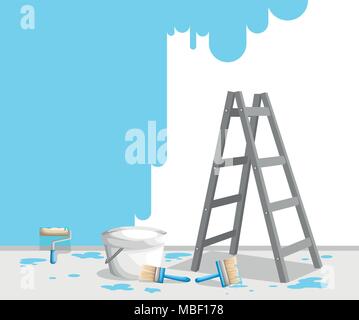 Malerei Wand mit Farbe, Pinsel und Leiter. Helle blaue Farbe im Eimer. Maler job Konzept. Vector Illustration. Web site Seite und mobile App Stock Vektor