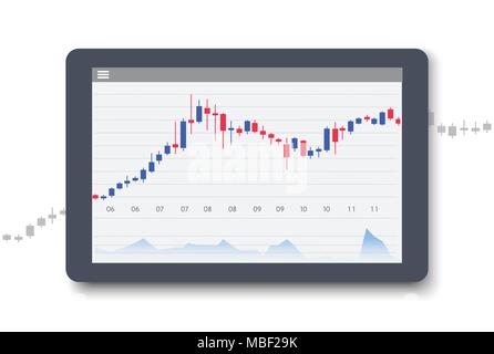 Grafisches Diagramm und cryptocurrency auf Tablet. Handel Design Konzept. Vector Illustration. Flache Bauform. Stock Vektor