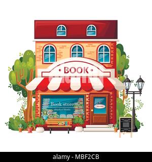 Buch Shop Vorderansicht. Stadt Designelemente. Cartoon Design. Book Store mit Willkommensschild, Sitzbank, streetlight, grüne Büsche und Bäume. Vektor krank Stock Vektor