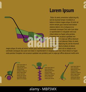 Abzeichen der Gartenarbeit power tools für Flyer oder Prospekt. Technik für Garten- und Rasenpflege Stock Vektor