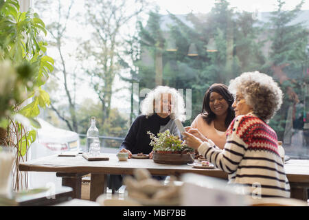 Lächelnde Frauen Freunde mittels Smart Phone im Cafe Tabelle Stockfoto