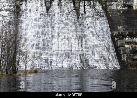 Lake Vyrnwy Damm in Powys, Wales auf einem frühen Frühling mit Wasser nach unten kaskadieren Überlaufen der Damm, durch Äste mit Knospen im Vordergrund. Stockfoto