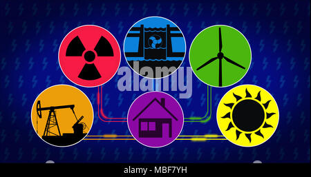 Stromerzeugung und Stromverbrauch Konzept. Symbole der Energiequelle mit Symbol für Solar-, Wind-, Wasserkraft, Kernkraft und fossilen Brennstoffen tech Stockfoto