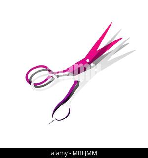Haare schneiden Schere unterzeichnen. Vektor. Abnehmbare Papier mit Schatten in zugrunde liegenden Layer mit magenta-violetten Hintergrund. Stock Vektor