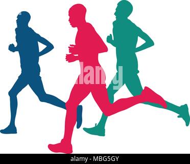 Real drei Läufer laufen Marathon farbige Silhouetten Stock Vektor