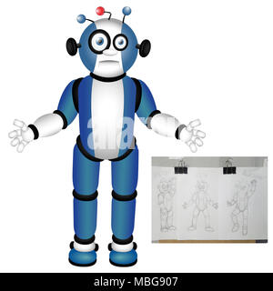 Blauer Roboter, Charakter, Maskottchen, Chatbot symbol Konzept... Roboter-Symbol. Bot sign Design. Auf weiß isoliert; niedliche Roboter, moderne Technik, Roboter für APP. Stockfoto