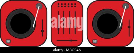 Flache umrissen DJ-Plattenspieler Abbildung. Red vinyl Plattenspieler. Flat Style vektor Zeichnung. Red gramophone. Dj-Set. Stock Vektor