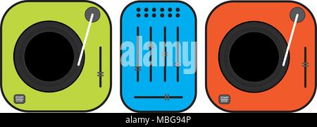 Flache umrissen DJ-Plattenspieler Abbildung. Grün und rot vinyl Plattenspieler. Flat Style vektor Zeichnung. Bunte grammophone. Dj-Set. Stock Vektor
