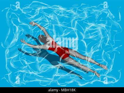 Frau im Pool schwimmen unter dem klaren, blauen Wasser Stock Vektor