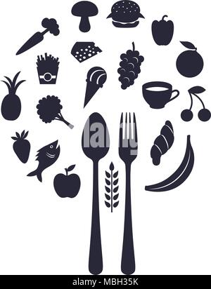 Das Essen im Restaurant Symbole in Form der Kugel mit Gabel und Löffel, Vektor, Abbildung Stock Vektor