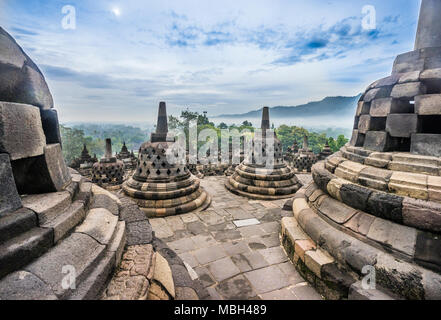 Perforierte Stupas, die Buddha Statuen auf der kreisförmigen Dachterrassen des 9. Jahrhunderts Borobudur buddhistischen Tempel, Zentraljava, Indonesien Stockfoto