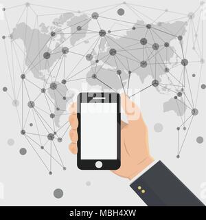 Hand, die smartphones mit leeren Bildschirm auf abstrakte soziale Netzwerk Hintergrund. Vector Illustration Stock Vektor