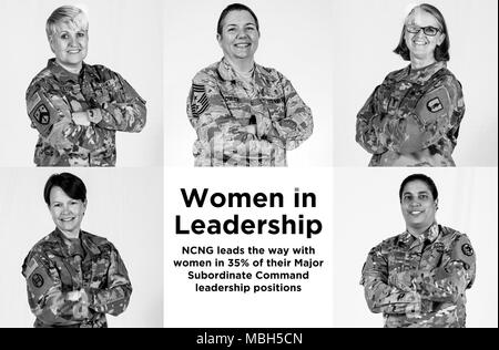Derzeit sind fünf der 14 Großen untergeordnete Befehl Führungspositionen in der North Carolina National Guard (NCNG) werden von Frauen gehalten, einen historischen ersten innerhalb des Staates. Die NCNG feiert und erkennt ihre Leistungen als Teil der Women's History Month. Obere Reihe von links nach rechts: Command Sgt. Maj. Diana Staton, 60 Truppe Befehl; Chief Master Sgt. Susan Dietz, 145 Airlift Wing; Command Sgt. Maj. Elsa Gaver, 139 Regional Training Institut. Untere Reihe, links-rechts; Kol. Anita Massey, 139 Regional Training Institut; Kol. Christina Moore, 130 Manöver Verbesserung Brigade. Stockfoto