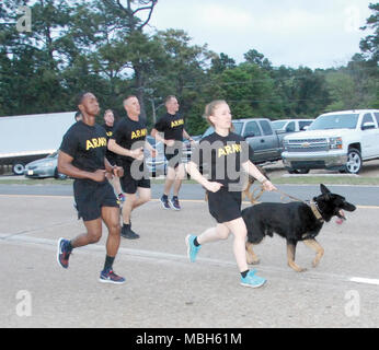 Mitglieder der 519th Military Police Battalion mit einer militärischen Einheit Arbeitshunde die 2018 Fort Polk scharfe Fackellauf 3. April beendet. Stockfoto