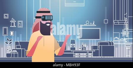 Arabische Mann mit 3D-Brille Virtual Reality Headset über das Wohnzimmer Hintergrund Stock Vektor