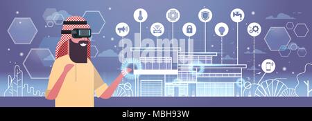 Arabische Business Mann mit 3D-Brille Virtual Reality Headset über das Smart House Hintergrund Stock Vektor