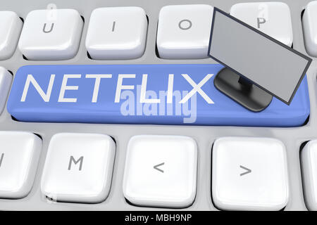 3D-Abbildung der Tastatur mit dem Skript NETFLIX auf eine blaue Schaltfläche, entlang mit einem Bildschirm. Stockfoto