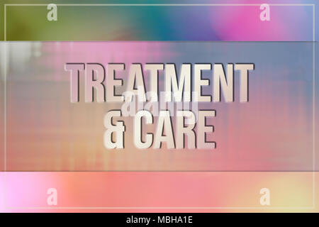 Behandlung & Pflege, Medizin & Medikamente konzeptionelle Worte, mit Wirbeln & bunt als Hintergrund für Webseite, Grafik Design, Katalog oder Tapeten. Stockfoto