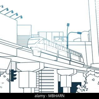 Moderne Thin Line Blick auf die Stadt mit der Brücke über den weißen Hintergrund Stock Vektor